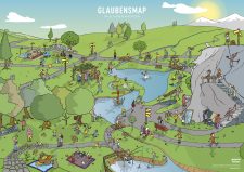 Buntes Glaubenskarte-Illustration mit verschiedenen religiösen Aktivitäten in einer Naturlandschaft, symbolisiert spirituelles Wachstum und Gemeinschaft.