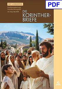 Jesus liest die Korintherbriefe vor einer Gruppe von Menschen in einer antiken Stadt, umgeben von Bergen und Palmen, mit einer Gruppe von Zuhörern, darunter Kinder und Erwachsene.