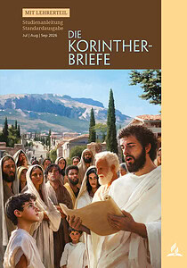 Illustration einer biblischen Szene mit Jesus, der die Korinther-Briefe vor einer Gruppe von Menschen liest, im Hintergrund Berge und Palmen, religiöse Bildung, christliche Lehre.