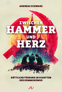 Buchcover des Titels "Zwischen Hammer und Herz" von Andreas Schwarz, mit einer Illustration von drei Menschen im Gebet vor einer religiösen Kulisse, symbolisiert Glauben und Spiritualität.
