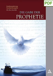 Buchcover mit weißer Taube, Tintenfass und Feder, Titel 'Die Gabe der Prophezeiung', Studienanleitung, Standardausgabe, Oktober 2026, Advent-Verlag.