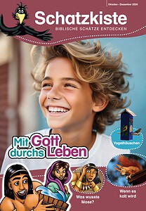 Kinder lachen und entdecken biblische Geschichten, Vogelhäuschen und Naturthemen auf der Schatzkiste-Bildseite.