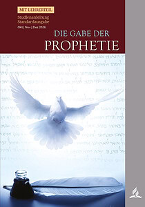 Buchcover mit weißer Taube, Tintenfass und Feder, Titel 'Die Gabe der Prophetie', für Advent-Verlag, religiöse Literatur, prophetische Themen, Standardausgabe.