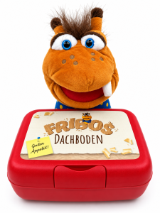 Lustiger Kinderbuch-Charakter mit großen blauen Augen und braunem Fell, hält eine rote Lunchbox mit dem Titel "Frosch Dachboden" und einem Grußaufkleber.
