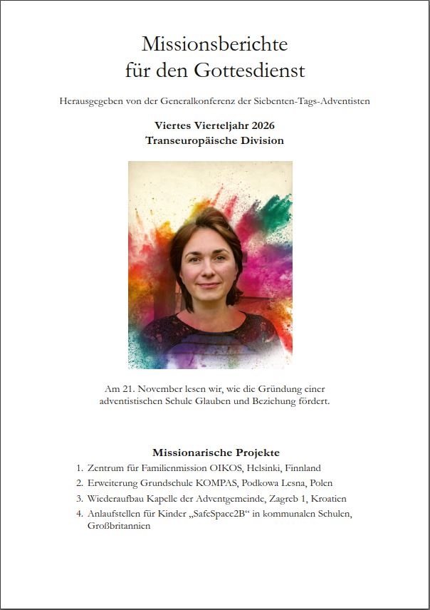 Cover der Missionsberichte für den Gottesdienst 2026 mit einem Porträt einer Frau vor buntem Hintergrund.