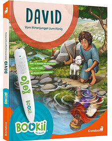 Buchcover des Kinderbuchs 'David' mit Illustration eines Jungen am Fluss, Schaf, Baum und Wasser, für Kinder, die biblische Geschichten kennenlernen wollen.