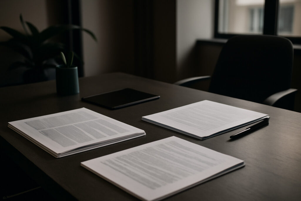 A clean, modern workspace with a legal notice, tablet, pen, and plant on a desk