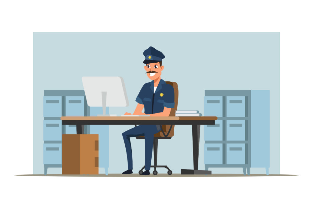 policeman deskwork, law enforcer, man in police uniform writing report cartoon character. cheerful security guard, sergeant working with computer.