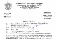 The top half of the first page of Bulleting 2020-20 from the Massachusetts Division of Insurance of March 6, 2020, advising Health Insurers to waive deductibles for Coronavirus testing