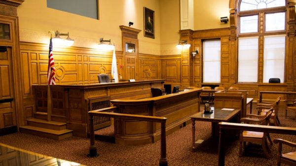 Picture of a courtroom in the John Adams Courthouse in Boston