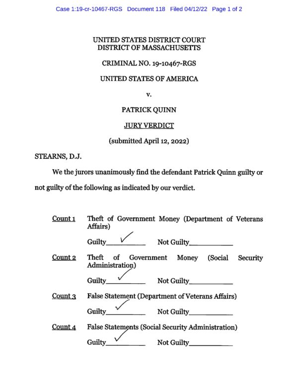 Jury slip in Quinn trial with checkmarks on Guilty options for all four counts