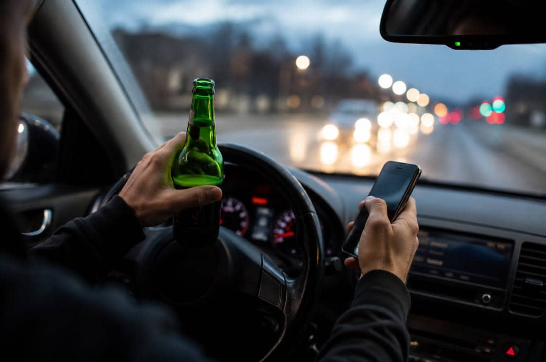 Driver using a cellphone and holding alcohol while driving at night to illustrate impaired and distracted driving risks