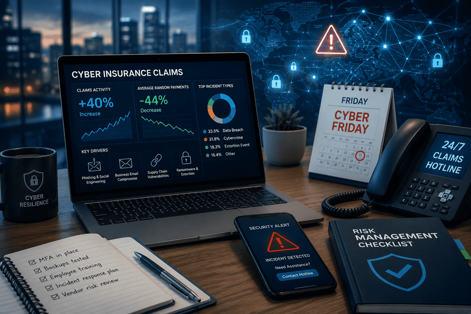 Illustration depicting rising cyber insurance claims and ransomware exposure in 2026