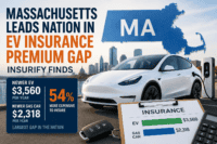 Infographic about Massachusetts leading the EV insurance premium gap, featuring a white electric car charging by a station and a large MA map background with cost panels nearby.