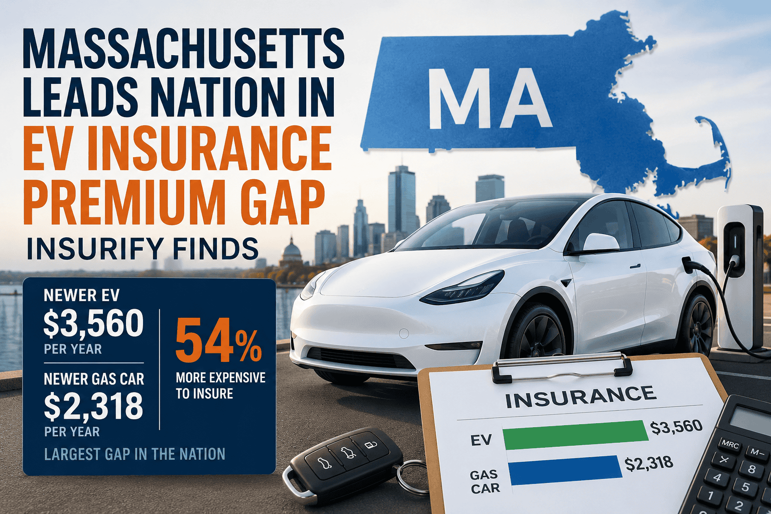 Infographic about Massachusetts leading the EV insurance premium gap, featuring a white electric car charging by a station and a large MA map background with cost panels nearby.