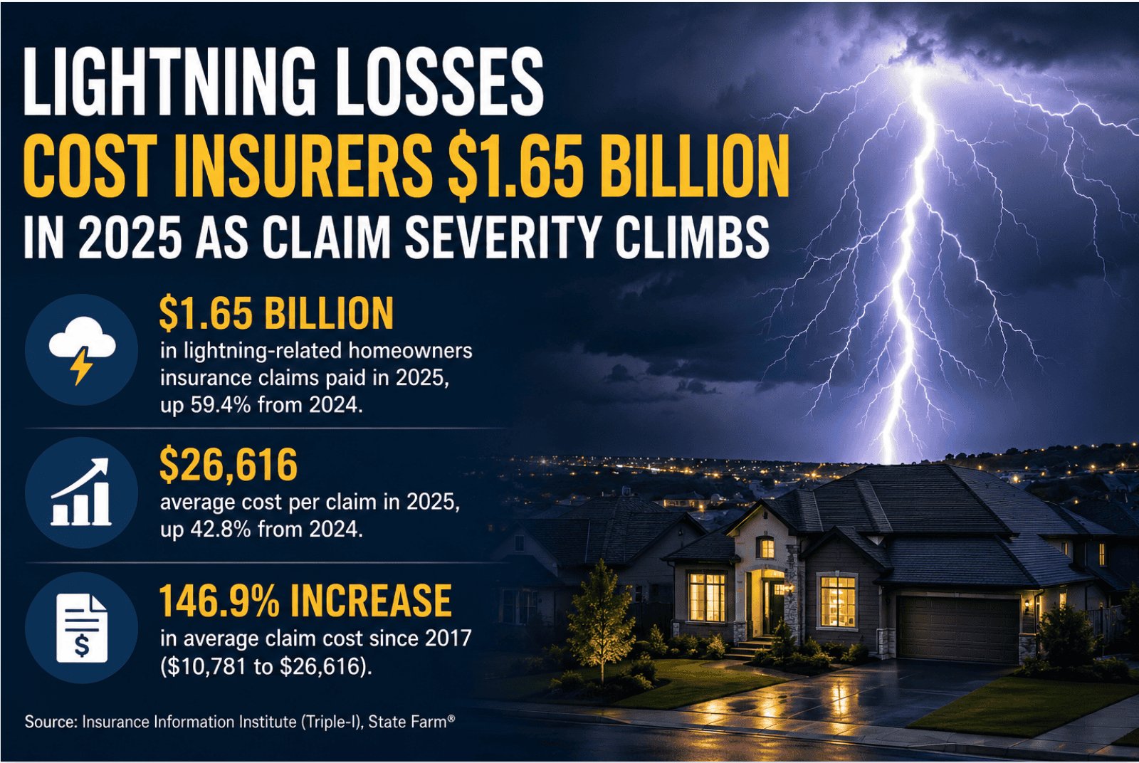 Lightning storm causing damage to residential homes highlighting rising insurance claim severity