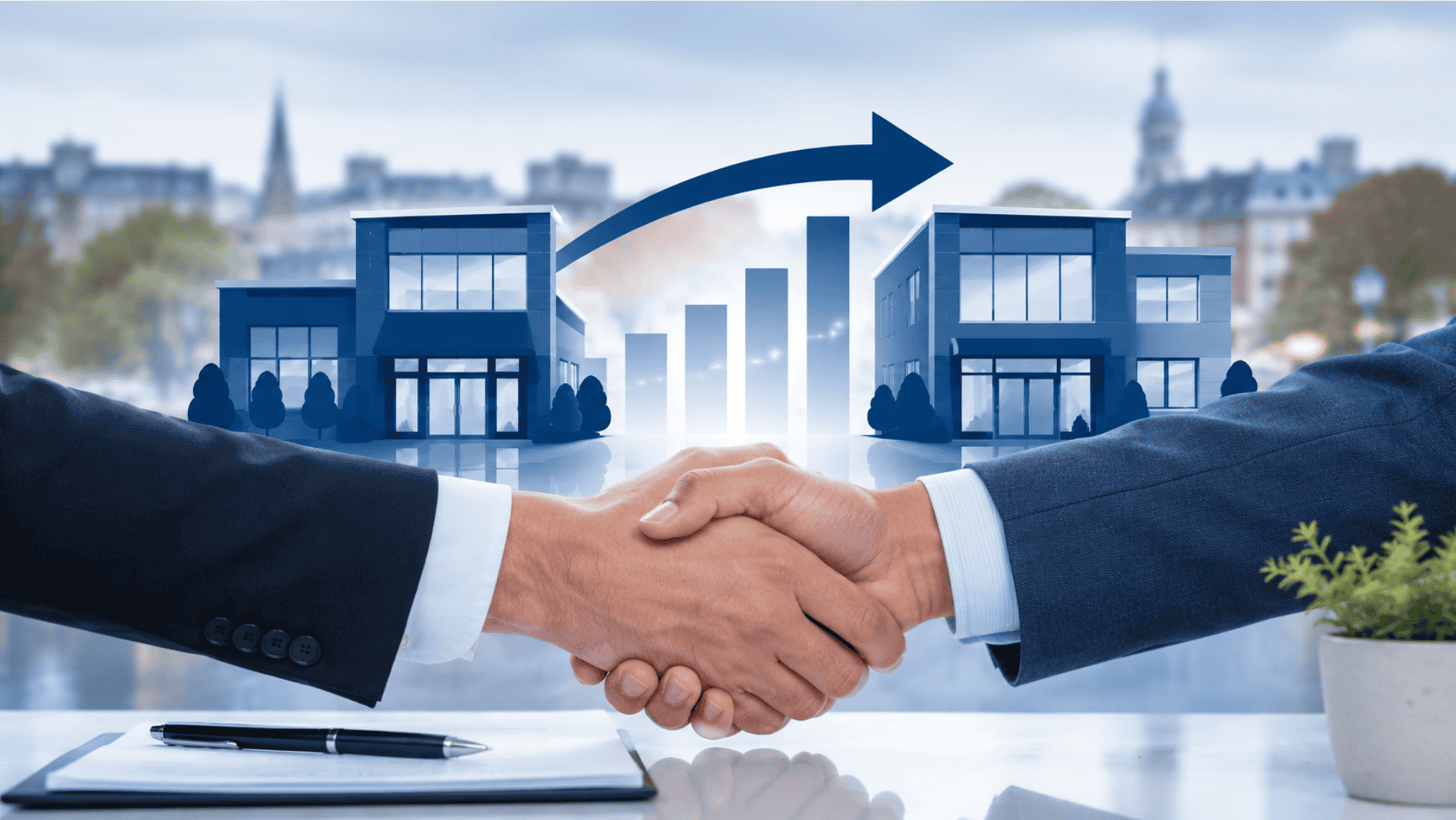Insurance agency acquisition concept showing partnership and growth between firms