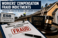 Construction site with workers on a roof, a clipboard labeled 'Workers’ Compensation Insurance Fraud' stamped FRAUD, a judge's gavel, and a book of Massachusetts General Laws.