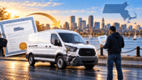 White commercial van with front-end crash damage parked by Boston Harbor, beside an oversized vehicle title document and keys, while a man reads a policy marked “Excluded,” with the Boston skyline and a Massachusetts outline in the background.
