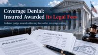Illustration of insurance policy documents, attorney fee statements, and a judge's gavel representing a federal ruling awarding legal fees after a coverage denial.