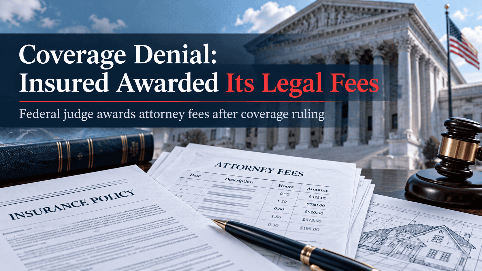 Illustration of insurance policy documents, attorney fee statements, and a judge's gavel representing a federal ruling awarding legal fees after a coverage denial.
