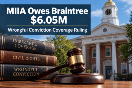 Editorial graphic showing a judge’s gavel, law books, and Braintree Town Hall, highlighting a $6.05 million insurance coverage ruling against MIIA arising from a wrongful conviction settlement.