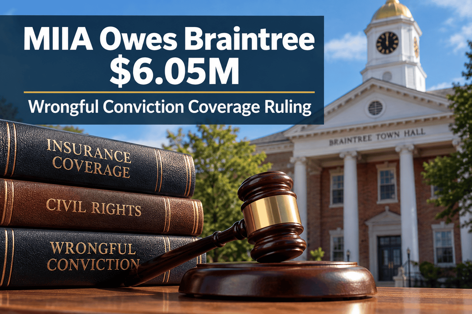 Editorial graphic showing a judge’s gavel, law books, and Braintree Town Hall, highlighting a $6.05 million insurance coverage ruling against MIIA arising from a wrongful conviction settlement.