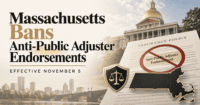 “Massachusetts State House beside an insurance policy marked with a prohibition symbol over an anti-public adjuster endorsement, illustrating the new law effective November 5, 2026.