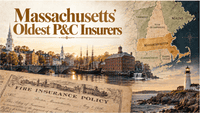 Historical illustration of New England showing a nineteenth-century harbor, antique fire insurance policy, and map of Massachusetts and surrounding states.