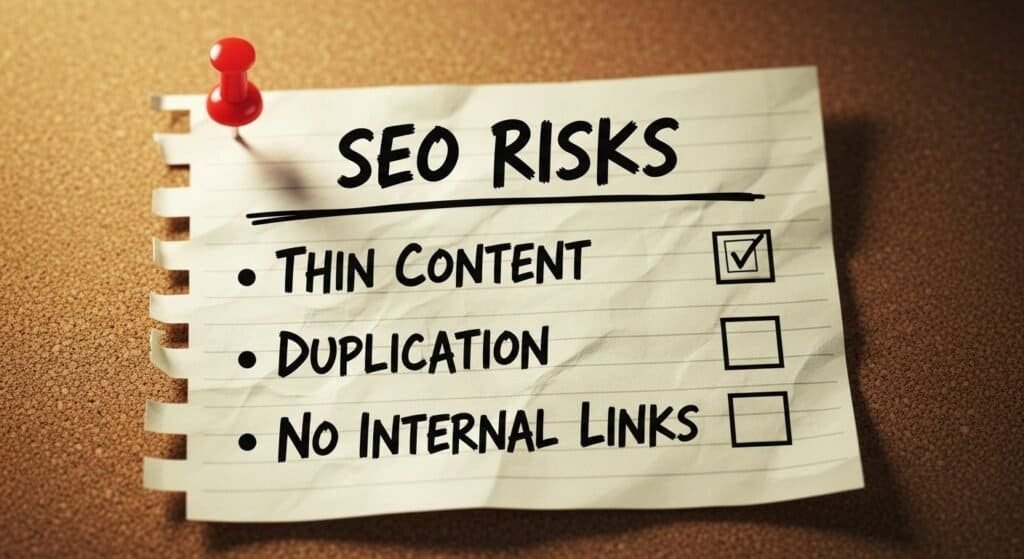 Do AI writing tools hurt SEO because of bad content? Visual showing when do AI writing tools hurt SEO due to thin pages