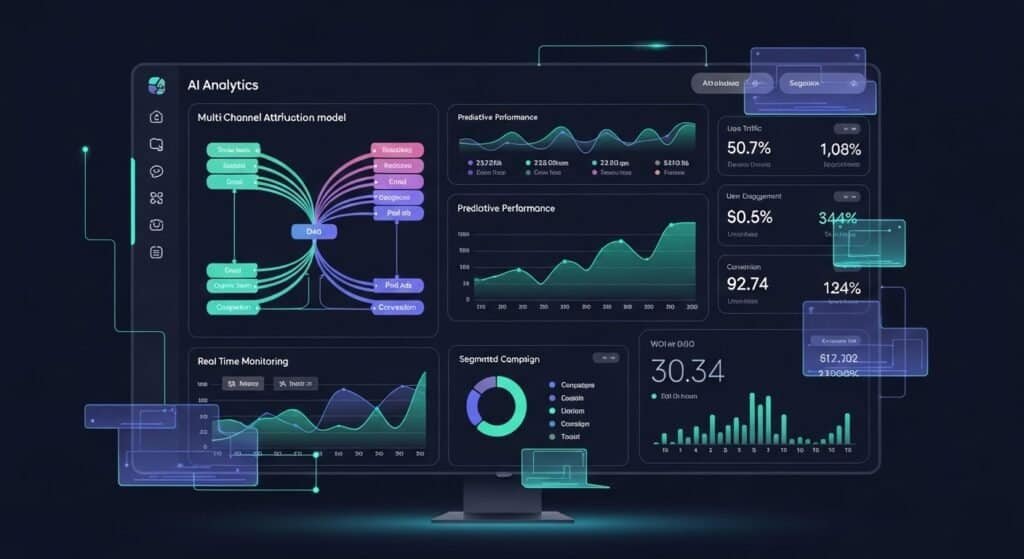 Advanced marketing analytics tools showing predictive analytics and multi-channel tracking