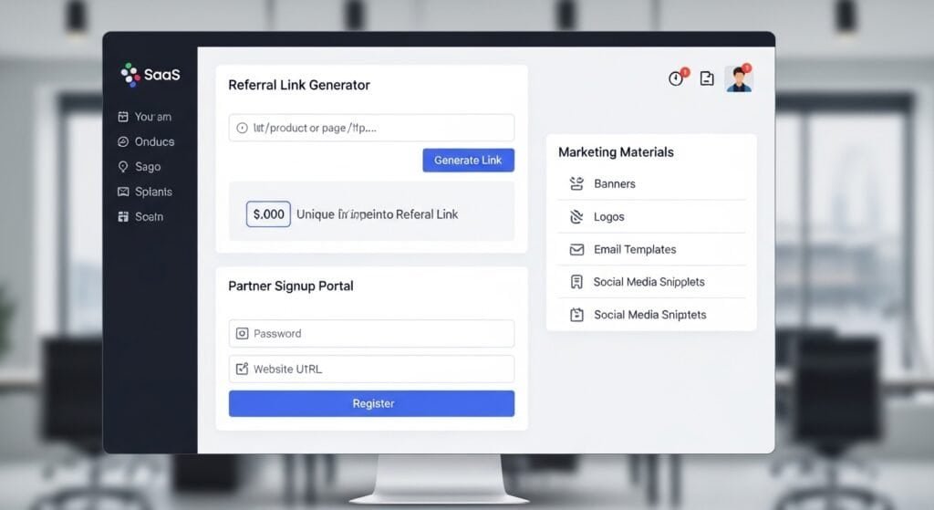 affiliate partner onboarding dashboard showing referral links and marketing resources
