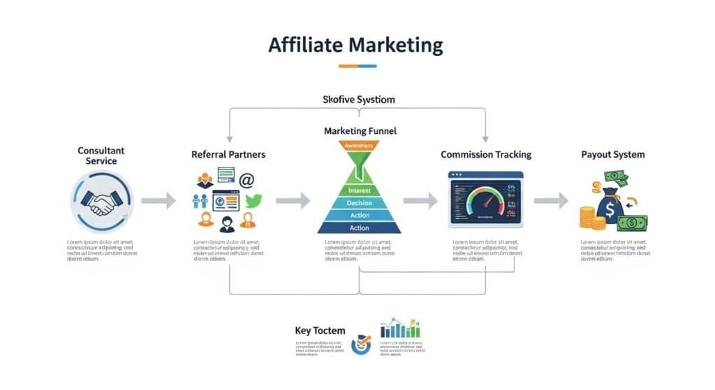 affiliate program structure showing consultant partner referrals and commission payouts