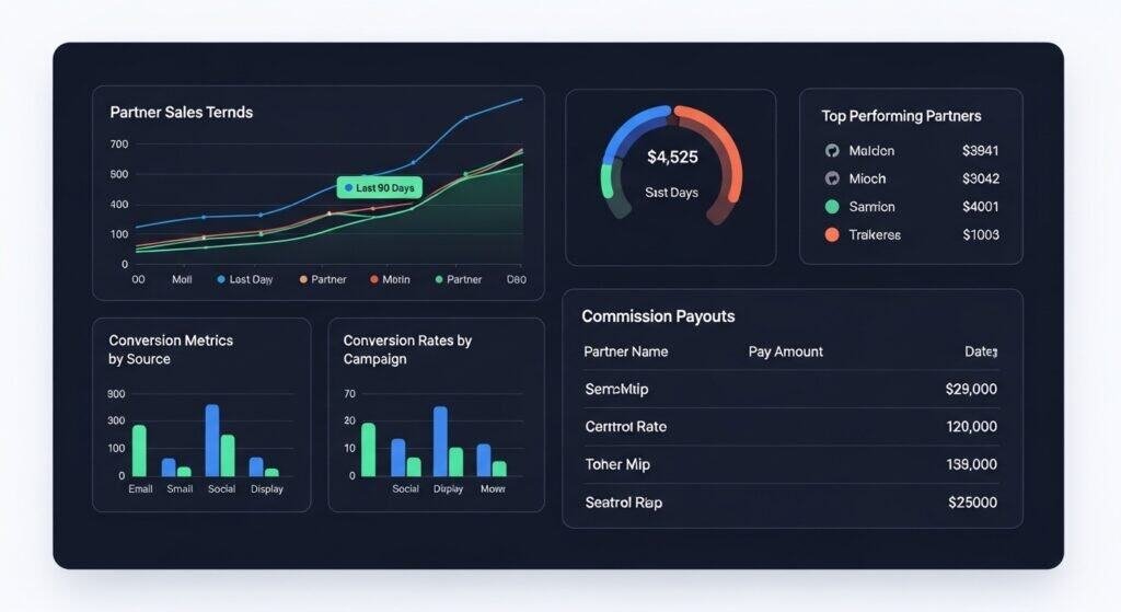 AI affiliate revenue analytics dashboard showing partner sales performance and commission earnings