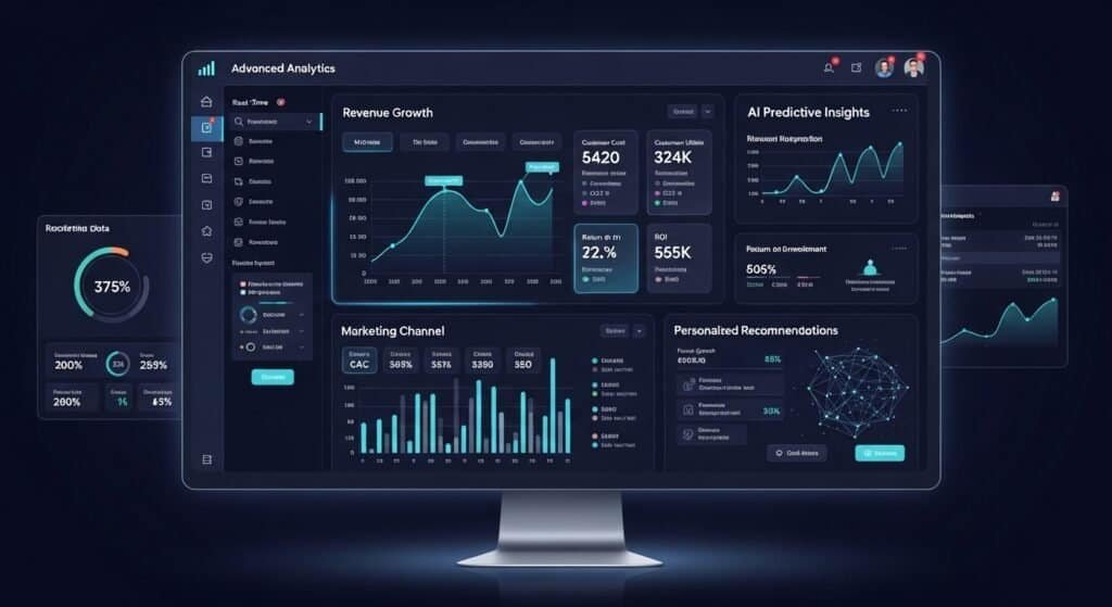 AI coaching analytics dashboard showing marketing and client performance metrics