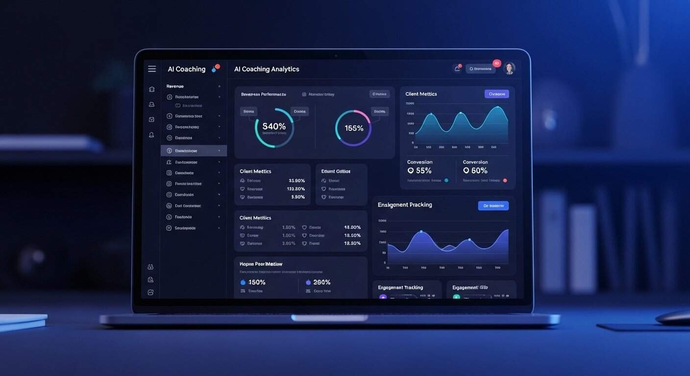 AI coaching analytics dashboard showing revenue metrics and client performance overview