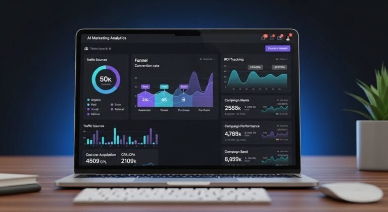 AI coaching marketing analytics software dashboard showing funnel conversion and ROI tracking