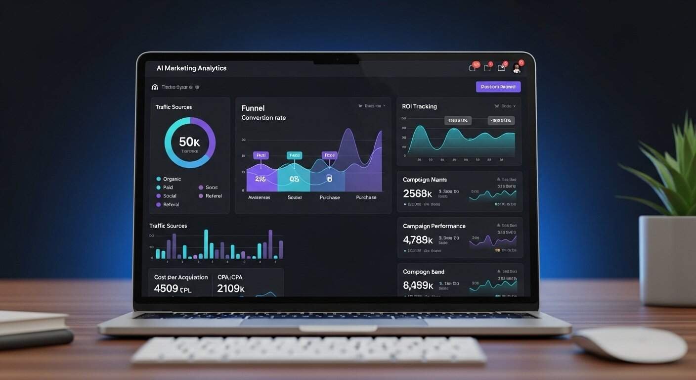 AI coaching marketing analytics software dashboard showing funnel conversion and ROI tracking