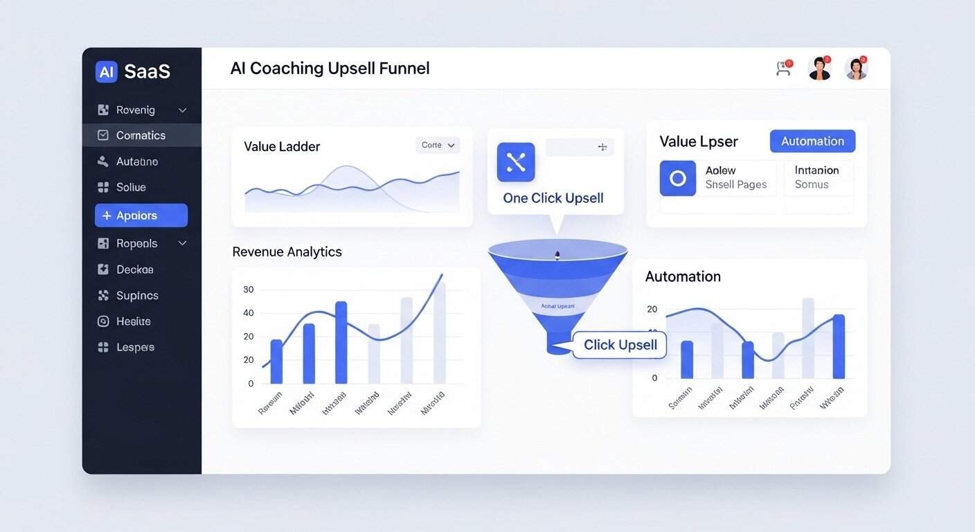 AI coaching upsell funnel software dashboard showing automated upsell sequences and revenue analytics