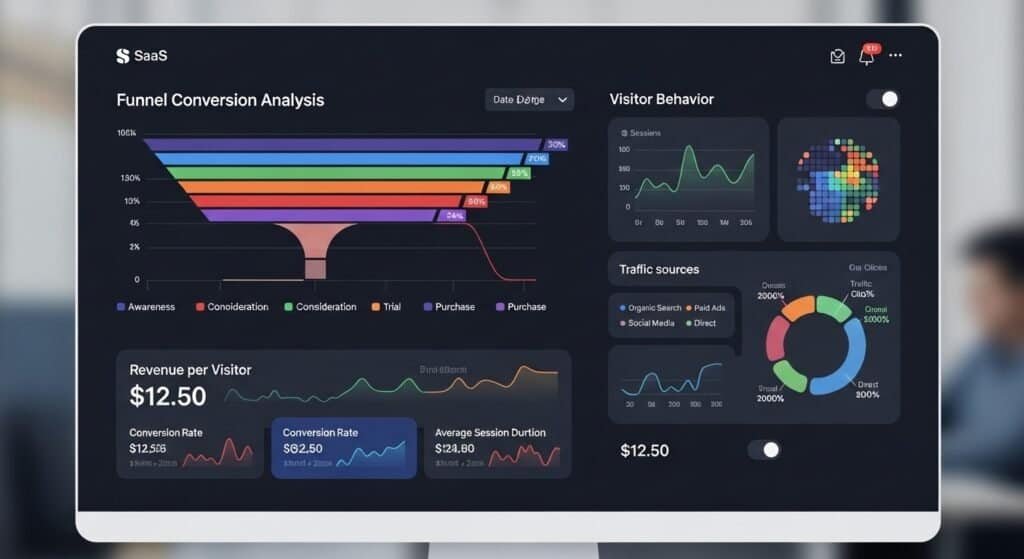 AI funnel conversion analytics dashboard showing drop off analysis and conversion metrics
