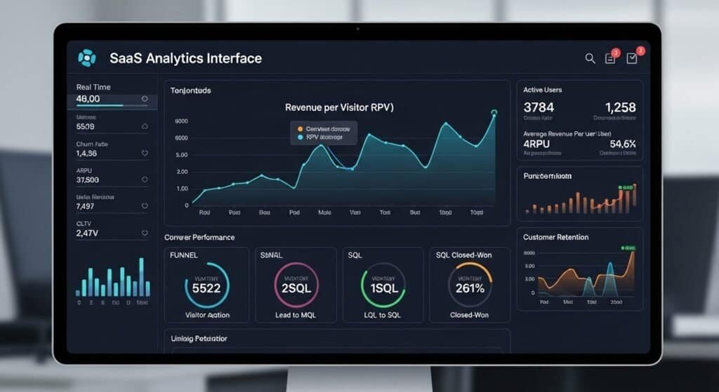 AI funnel revenue analytics dashboard showing revenue per visitor and conversion growth