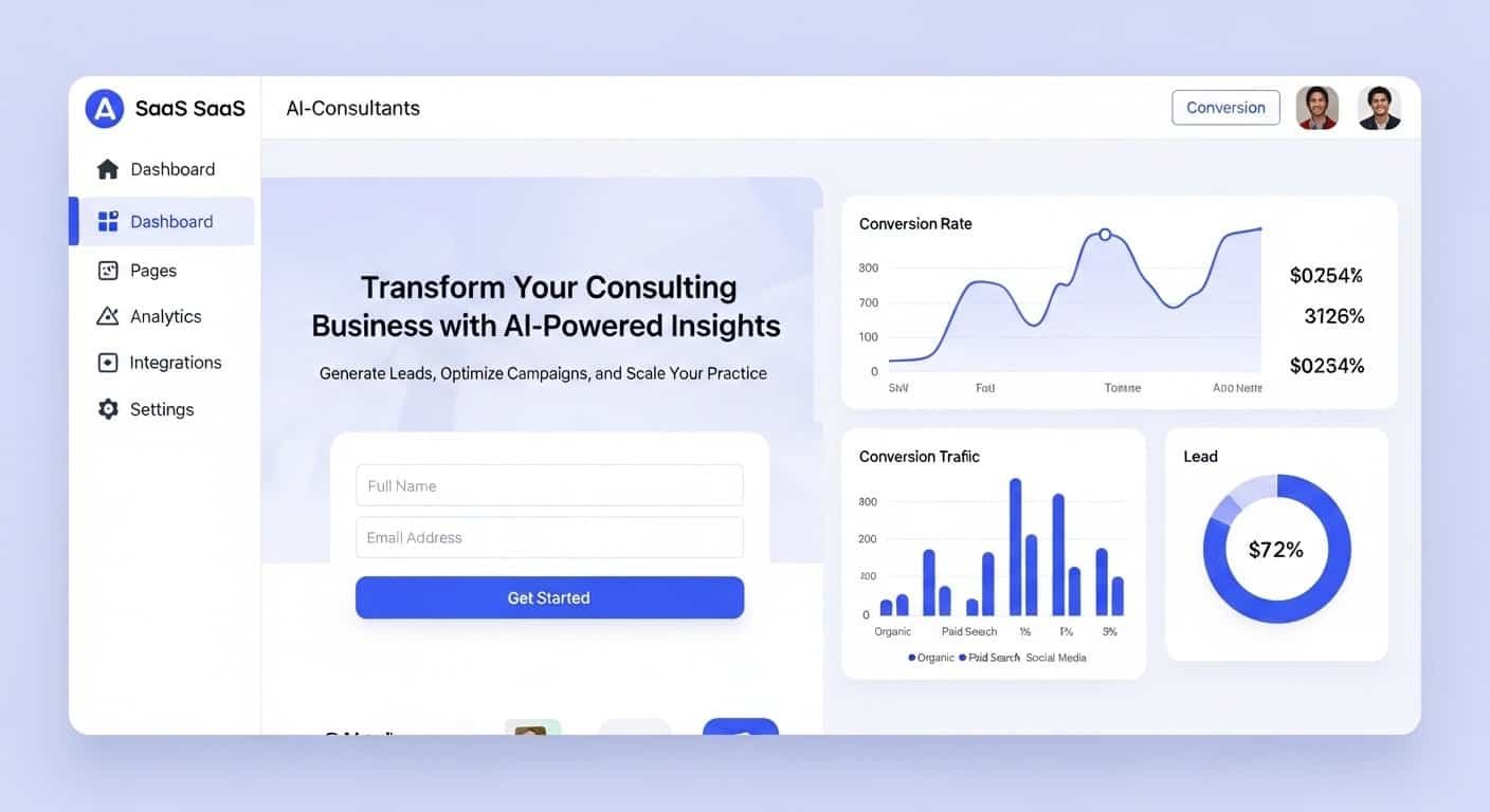 AI landing page builder for consultants showing conversion focused landing page design dashboard