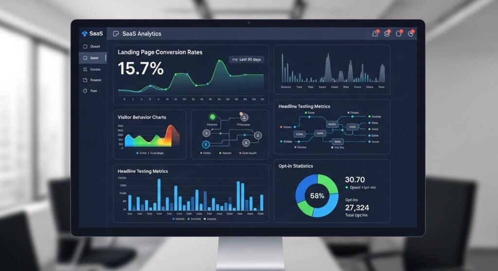 AI landing page conversion analytics dashboard showing visitor engagement and conversion metrics