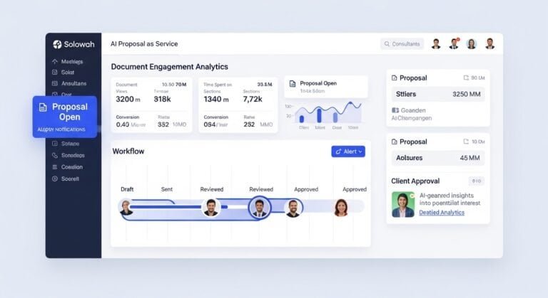 AI proposal tracking tools for consultants dashboard showing proposal engagement analytics and client approval status