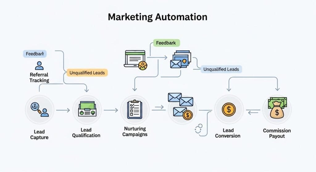AI referral program automation workflow showing lead referral tracking and automated commission payouts