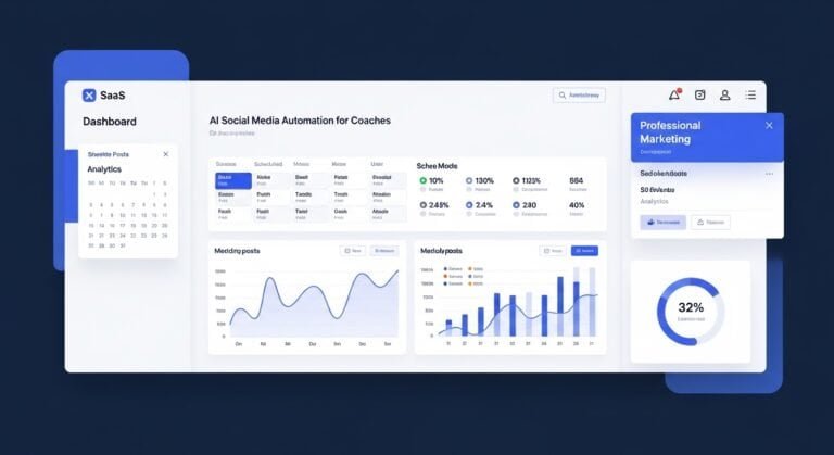 AI social media automation for coaches dashboard showing automated post scheduling and content analytics