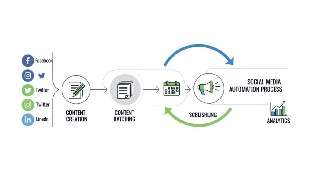 AI social media automation workflow for coaches showing content creation scheduling and publishing process
