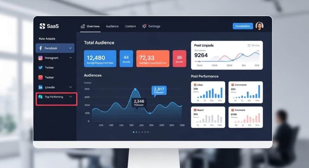 AI social media engagement analytics dashboard showing audience growth and post performance