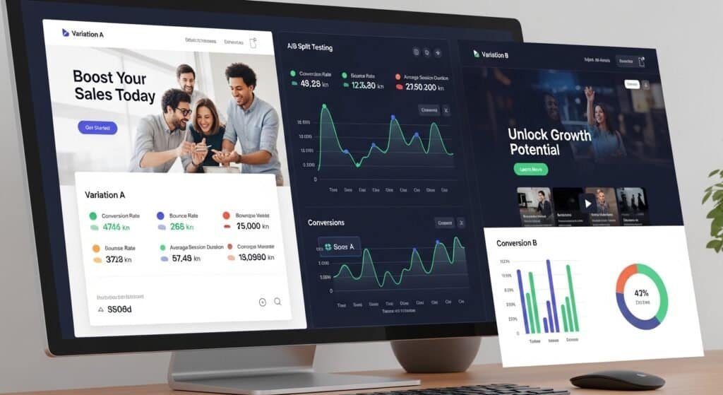 AI split testing funnel pages comparing two landing page variations for conversion testing