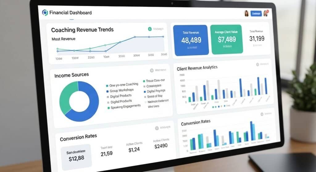 ai coaching revenue tracking software displaying revenue dashboards and income analytics